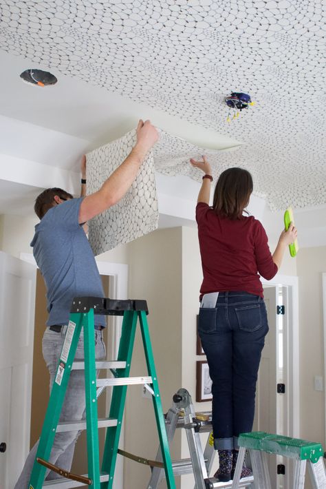 DIY Tips to Wallpaper The Ceiling | The DIY Playbook Wallpaper On Kitchen Ceiling, How To Wallpaper A Ceiling, Ceiling Wallpaper Ideas Living Room, Gold Wallpaper Ceiling, Bedroom Ceiling Wallpaper, Wallpaper On Ceiling, Wallpapered Ceiling, 2024 Bedroom, Diy Handyman