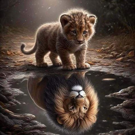 Reflection Tattoo, Puddle Of Water, Diy Embroidery Crafts, Baby Lion Cubs, Funny Lion, Chibi Wallpaper, Reflection Art, Pride Rock, Lion Images