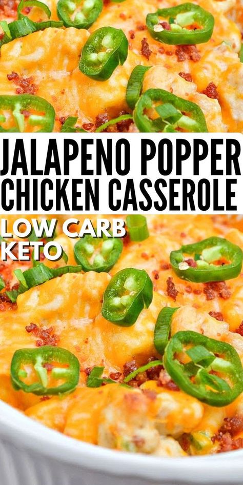 Low Carb Jalapeno Popper Chicken Casserole - Add some heat to the dinner table! Keto jalapeno popper casserole bursts with spicy flavor and creamy chicken, topped with crispy bacon. #lowcarb #lowcarbdiet #Lowcarbjalapenopoppercasserole #jalapenopopperchickencasserole #jalapenopopper #chickencasserole #chicken #casseroles #dinnerideas #food #recipes Fresh Jalapeno Recipes Healthy, Jalapeño Popper Chicken Bake With Broccoli, Jalopena Popper Chicken Casserole Recipe, Keto Jalapeno Popper Chicken, Jalapeno Popper Casserole, Jalapeno Popper Chicken Casserole, Keto 2023, Popper Chicken Casserole, Popper Casserole