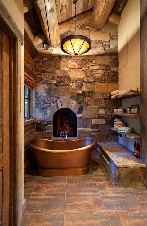 Amazing Stone Wall, Beam Ceiling, Bras Bathtub Log Cabin Bathroom Ideas, Log Cabin Bathroom, Luxury Fireplace, Log Cabin Furniture, Log Home Living, Cabin Bathrooms, Log Home Decorating, Rustic Bathroom Designs, Cabin Living