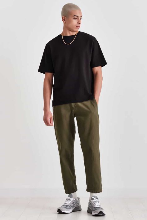 Black Shirt Green Pants Outfit, Black And Olive Green Outfit, Cropped Pants Men Outfit, Club Outfits For Men Night, Black Running Shoes Outfit, Cropped Shirt Outfit Men, Green And Khaki Outfit, Men Night Out Outfit, Green Pants Outfit Men