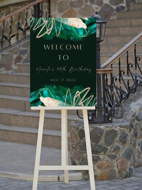 Editable green and gold birthday welcome sign, perfect for your next birthday party or birthday dinner. This welcome to sign can be edited yourself using Canva. Print at home or take completed file to your local print shop and have them print. Print size is 18x24. All the wording is editable. Details: green and gold birthday party welcome sign, with abstract watercolor design. Wording can be changed to accommodate all the great milestone birthdays such as 18th birthday 21st birthday, 30th birthd Green And Gold Welcome Sign, Green Black And Gold Party Decor, Green And Gold Birthday Party Decor, Green And Gold Party Decorations, Green And Gold Birthday, White And Gold Birthday, Welcome To Sign, Birthday 21st, Birthday Welcome Sign