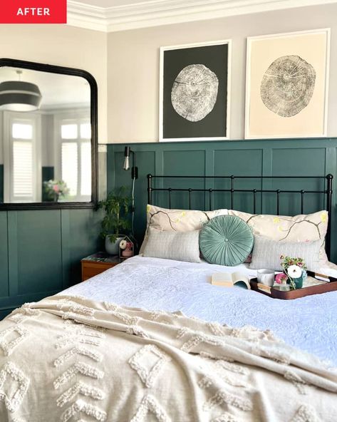 Teal Black And White Bedroom, Metal Bed Frame White, Diy Paneling, Teal And White Bedroom, Mirror On Wall, Board And Batten Wainscoting, Teal Bed, Charcoal Bedroom, Plain Bedroom