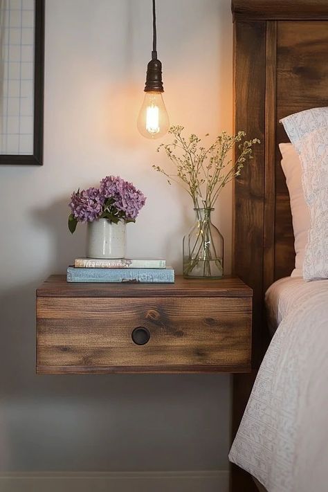 "Save space in style with DIY Floating Nightstands! 🛠️✨ #DIYHomeDecor #FloatingNightstand #BedroomDIY" Nightstand With Lamp Ideas, Wall Nightstand Ideas, Floating Bed Side Table, Diy Floating Nightstand, Floating Nightstand Diy, Nightstand With Lamp, Diy Bedside Table, Floating Nightstands, Diy Nightstand