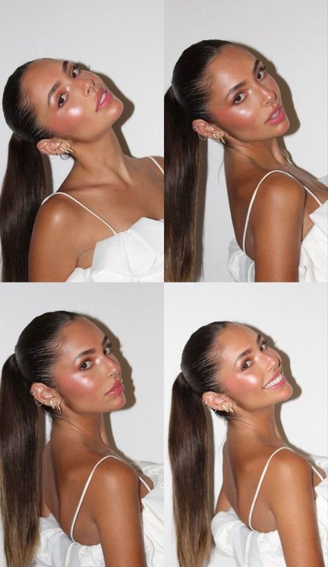 Sleek Ponytail Brunette, Slick Back Ponytail Going Out, Ponytail Hairstyles Night Out, Ponytail Pictures Instagram, Slick Back Poney, Slick Back Hairstyles Going Out, Brunette Slicked Back Hair, Slick Back Hair Down Wedding, Slick Back Hairstyles Aesthetic