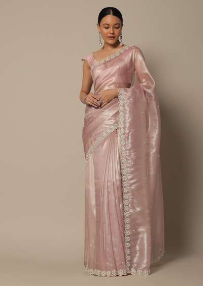 Onion Pink Tissue Saree With Cutdana Work And Unstitched Blouse Piece Onion Pink Organza Saree, Jewellery On Pink Saree, Blouse For Tissue Saree, Blouse Design For Tissue Saree, Pink Tissue Saree Blouse Designs, Pestal Colour Sarees, Onion Colour Saree, Tissue Organza Saree Blouse Designs, Trendy Sarees For Farewell