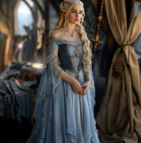 Game Of Thrones Blue Dress, Blue Medieval Dress Princesses, Regal Fantasy Outfits, Fae Queen Dress, Targaryen Dresses Aesthetic, House Arryn Dress, Light Blue Medieval Dress, Midevil Dresses Princesses, Blue Princess Dress Aesthetic