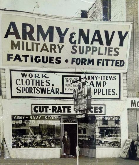 Vintage photo of the Augusta Georgia Army & Navy Surplus Store Signs Book, Military Surplus Store, Army Surplus Store, Army Navy Store, Camping Store, Army Clothes, Augusta Georgia, Army Surplus, Military Design