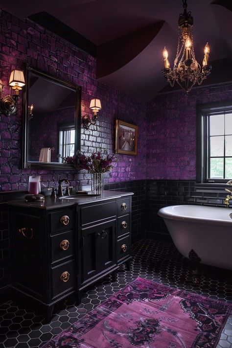 Dark And Moody Bathrooms, Small Moody Bathroom, Dark Purple Bathroom, Dark Moody Bathroom, Moody Bathrooms, Antique Fixtures, Moody Powder Room, Luxurious City, Moody Bathroom