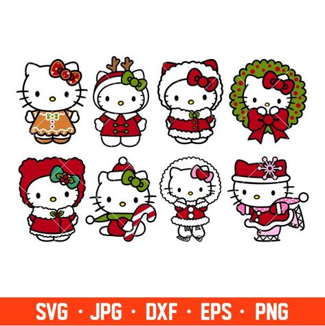 Christmas Designs Drawing, Hello Kitty Christmas Stickers, Hello Kitty Santa, Christmas Outline, Hello Kitty Svg, Hello Kitty Clipart, Christmas Hello Kitty, Christmas Doodle, Santa Claus Svg