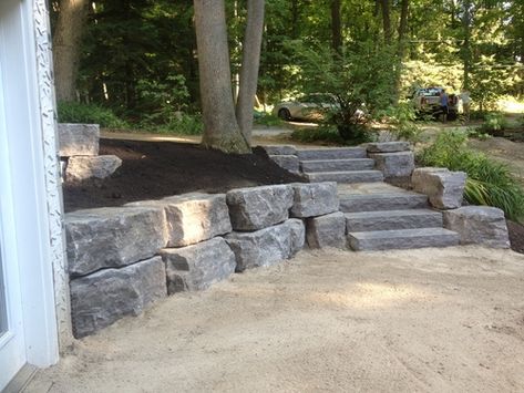 Backyard Hardscaping, Rock Retaining Walls, Acreage Landscaping, Stone Deck, Landscape Stairs, Fire Pit Landscaping, Stone Landscaping, Landscaping Retaining Walls, Garden Stairs