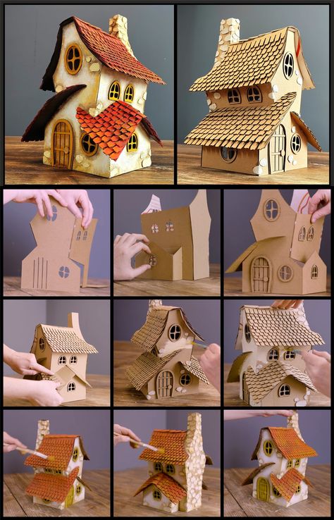 Creative Mom - ❤️DIY Crooked House❤️ (link in comments)⬇️⬇️⬇️ | Facebook Cardboard Art Sculpture, Haunted House Diy, Crooked House, Fairy House Crafts, Fairy House Diy, Creative Mom, Diy Doll Miniatures, Clay Fairies, Cardboard House