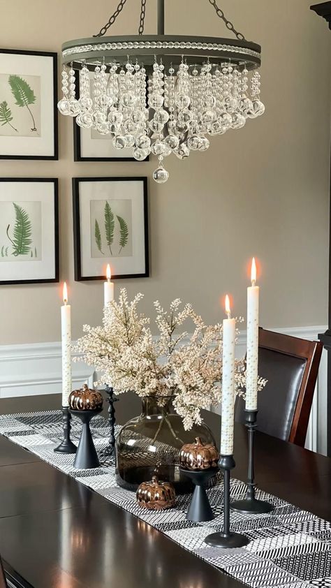 Dining Room Centerpiece Candlesticks, Dining Room Decor Centerpiece, Elegant Dining Room Table Runners, Gold Centerpieces Dining Room, Floral Dining Room Centerpiece, Farmhouse Bling Decor, Modern Dining Centerpiece, Tablescapes Ideas Everyday Dining Tables, Candlestick Dining Table Centerpiece