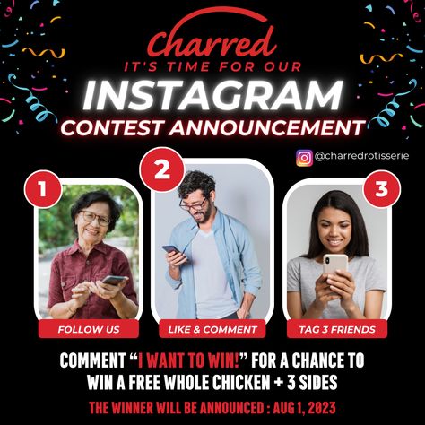 WIN A WHOLE CHICKEN WITH THREE SIDES CONTEST! Here are the rules to win the contest: 1. Just follow our page on Instagram. 2. Like the contest post & leave a comment saying, “I want to win!” 3. Tag three friends. On Aug 1, we will pick one lucky winner. Good luck! Instagram Contest, Three Friends, 3 Friends, Whole Chicken, Photo Contest, Pick One, The Rules, Chicken, Instagram Photos