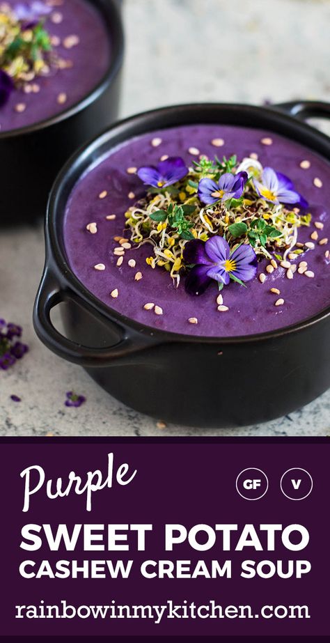 Potato Mushroom Soup, Purple Sweet Potato Recipes, Sweet Potato Mushroom, Potato Mushroom, Purple Sweet Potato, Purple Food, Stuffed Sweet Potato Healthy, Purple Sweet Potatoes, Cashew Cream