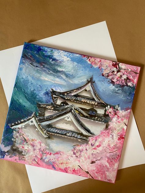 Asian Painting Ideas On Canvas, Japanese Canvas Art, Easy Acrylic Painting Ideas Square Canvas, Japanese Painting Ideas, Painting Ideas Square Canvas, Japanese Acrylic Painting, Square Painting Ideas, Art On Square Canvas, Japanese Canvas Painting