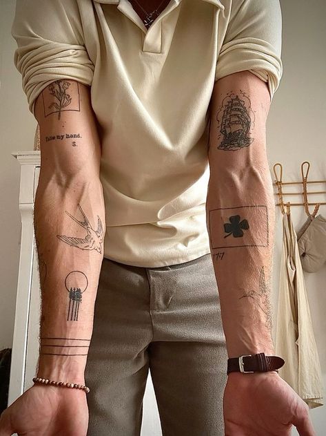 Minimalist Tricep Tattoo, Cool Patchwork Tattoos Men, Best Wrist Tattoos Men, Lower Bicep Tattoo, Piece Sleeve Tattoo, Tattoo Placement Men, Forearm Patchwork Tattoo, Card Tattoos For Men, Men Tattoo Ideas Sleeve