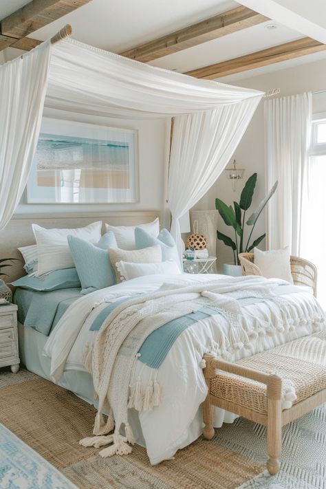 Beach Style Apartment, Costal Bedroom Design, Coastal Room Bedroom, Coastal Bedroom Ideas Beach, Beach Bedroom Ideas Coastal Style, Room Ideas Beach, Bedroom Coastal Style, Seaside Room, Boho Coastal Bedroom