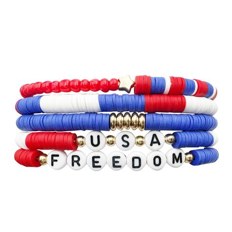 PRICES MAY VARY. Fourth of July Bracelet Set: Express your patriotism with a five-piece Independence Day themed bracelet set. Colorful, flexible, easy to match. Material: Patriotic bracelet made of high-quality polymer clay, no lead, no nickel, safe to wear. Light weight suitable for long-term wear, will not be tired to the wrist. Independence Day accessories: Perfect for the beach, work, school, parties, banquets, vacations, gift-giving, just to look cool. The perfect gift to share with friends 4th Of July Bracelets, Patriotic Bracelet, Bracelets Summer, Layering Bracelets, Themed Bracelet, Clay Bead Bracelet, Clay Bead, School Parties, Layered Bracelets