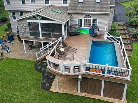 Vintage Farm House Porch / Poolside TimberTech Deck - Birdsboro, PA | 1944 Sq Ft | Keystone Custom Decks Decks Around Pools, Deck Renovation, House Porch, Swimming Pool Decks, Vintage Porch, Above Ground Pool Ideas, Ground Pool Ideas, Hot Tub Backyard, Patio Deck Designs