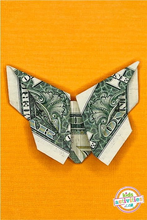 Beautiful and Easy Dollar Bill Origami Butterfly | Kids Activities Blog Dollar Bill Origami Butterfly Easy, Origami Dollar Bill Easy Step By Step, How To Make A Butterfly Out Of Money, Butterfly Dollar Bill, Origami Dollar Bill Easy, Folding Dollar Bills Easy Step By Step, Dollar Oragami, Origami Ladybug, Oragami Money