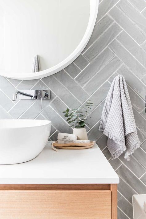 Herringbone Tile Bathroom, Bathroom Accents, Bathroom Color, Trendy Bathroom, Modern Bathroom Decor, Main Bathroom, Bathroom Inspo, Grey Bathrooms, Bath Room