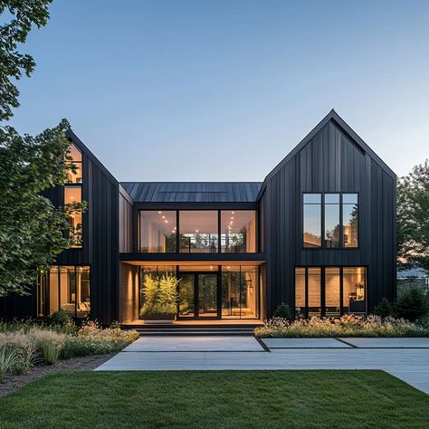 Modern Farmhouse Architecture Exterior, Farmhouse Two Story, Napa Farmhouse Exterior, Modern Farmhouse Exterior Black, Black Modern Cabin, Charcoal And Black Barndominium, Transitional Architecture, Contemporary Farm House, Scandinavian Ranch House