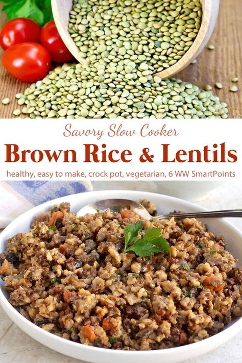 This savory vegetarian Slow Cooker Brown Rice and lentils is a great starter recipe if you are new to whole grains. Using a slow cooker is a terrific way to prepare them because some grains take a while to cook! #slowcookerbrownricelentils #lentils #brownrice #slowcooker #crockpot Farro Dishes, Slow Cooker Brown Rice, Crockpot Brown Rice, Vegetarian Slow Cooker, Cook Lentils, Rice And Lentils, Weekly Recipes, Ww Meals, Slow Cooker Lentils