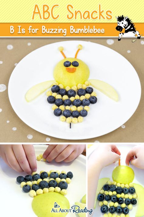 A bumblebee snack for preschoolers. B is for Bumblebee. Bee Snacks For Kids, Letter B Snacks For Preschool, Bee Snacks For Preschool, Snack For Preschoolers, Bee Snacks, Abc Snacks, Alphabet Snacks, Minibeasts Activities, Goddard School