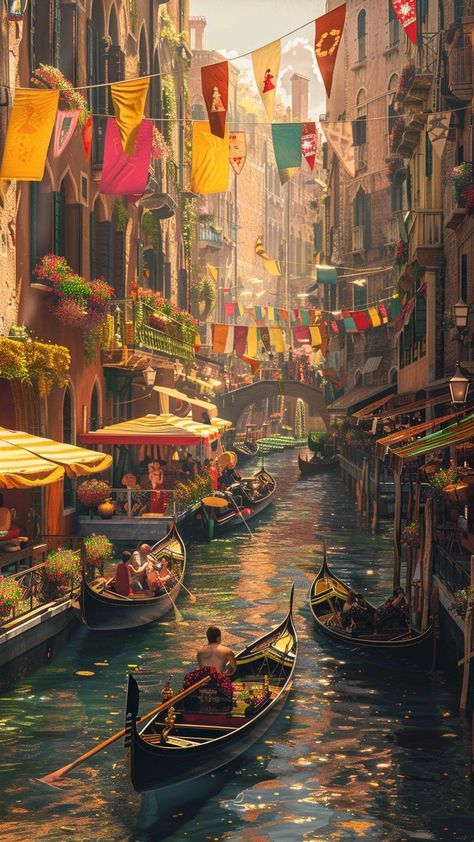 Fantasy Venice, Italian Boat, Italian Festival, Canal City, Venice Painting, Studio Ghibli Background, A Walk In The Woods, Going For A Walk, Italian Village