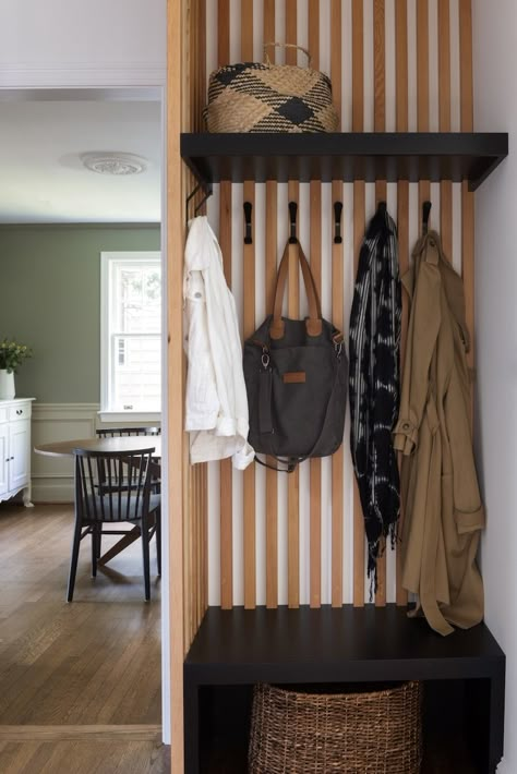 Modern Mudroom, Mudroom Remodel, Front Closet, Coat Storage, Entry Wall, Wood Slat Wall, Entry Design, Entryway Wall, Home Entrance Decor