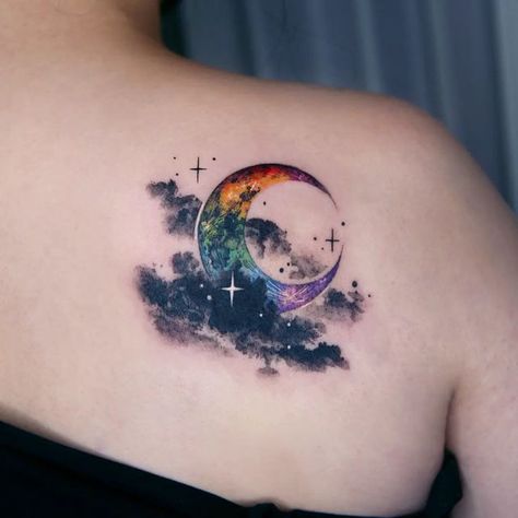 danhatattoo on Instagram: "🌈Rainbow moon🌙 NYC🇺🇸 Oct~Nov If you want to make a reservation, please check the booking form on Instagram highlight and send me DM or email (danhatattoo@gmail.com) @tattooist_danha" Sky Lover Tattoo, Galaxy Chest Tattoo Female, Colorful Cloud Tattoo, Moon Tattoo Designs For Women Arm, Galaxy Cover Up Tattoo, Colorful Moon Tattoo, Purple Tattoos For Women, Night Sky Tattoo Starry, Watercolor Space Tattoo