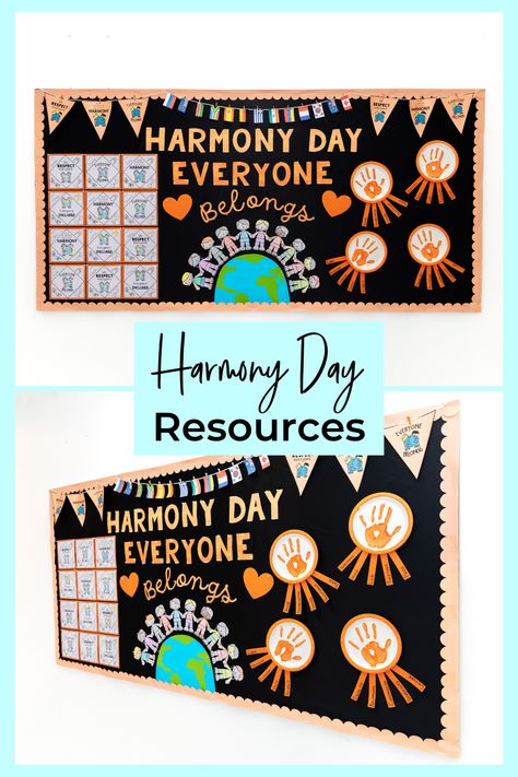 🧡 Harmony Day is a celebration of our cultural diversity – a day of cultural respect for everyone who calls Australia home. This Harmony Day, create a beautiful display to remind your students of the importance of unity and respect! 🤝 Join us in showing our commitment to peace and inclusiveness with this vibrant orange poster, as well as lettering for the words: 'HARMONY DAY' and 'EVERYONE BELONGS' ✨ Head on over to our Instagram to see us set up this Bulletin board! Unity Day Bulletin Board, Harmony Day Activities For Babies, Harmony Day Poster, International Day Decoration, Harmony Day Activities Preschool, Harmony Day Art, Harmony Day Craft, Harmony Day Activities, Cultural Diversity Activities