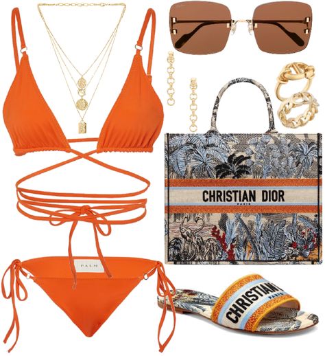 Orange bikini Outfit | ShopLook Polyvore Swimsuit Outfits, Orange Swimsuit Outfit, Orange Beach Outfit, Orange Bikinis, Summer Vacay Outfits, Cute Vacation Outfits, Orange Swimsuit, Trendy Swimsuits, Vacay Outfits