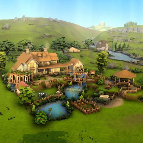 2 Olde Mill Lane Sims 4, Sims 4 Houses Henford On Bagley, Farm Sims 4 House, Sims 4 Pond Ideas, Sims 4 Henford-on-bagley Build, Sims 4 Houses Cottage Living, Sims 4 Farm Cottage, Sims 4 Farm Build, Sims Builds Ideas