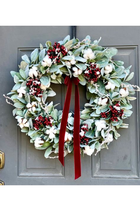 Iced Branches, Cotton Bolls, Door Wreath Christmas, Double Door Wreaths, Creative Wreaths, Lamb's Ear, Lambs Ear Wreath, Winter Wreaths, Christmas Greenery