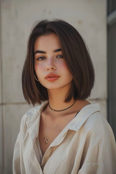 23 Gorgeous Blunt Shoulder Length Haircuts For Different Hair Types - Pinch Of Glam U Shape Short Hair, Thick Bob Haircut Shoulder Length, Short Hair Above Shoulder Straight, Brunette Bobs For Fine Hair, Shoulder Length Hair One Length, Long To Short Hair Before And After Round Face, Long Hairstyles Fine Hair, Straight Hair Bob Haircut, Haircut For Full Face