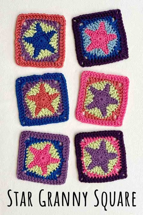 Fool Proof 5-Pointed Star Granny Square Pattern Star Granny Square Pattern, Patchwork Granny Square Blanket, Star Granny Square, Granny Square Ideas, Granny Square Pattern Free, Crochet Granny Square Tutorial, Granny Square Projects, Granny Square Tutorial, Granny Pattern