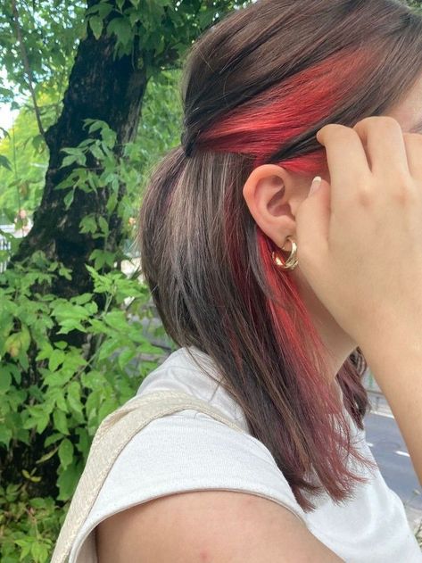 Brunette With Red Streaks, Under Dyed Hair Red And Brown, Dyed Hair Red And Brown, Under Hair Dye Red And Brown, Brown Hair With Red Underlayer, Half Dyed Red Hair, Red Peekaboo Brown Hair, Red Hair Bottom Layer, Brown Hair With Red Peak A Boo