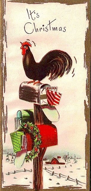 Waiting for the mail. Christmas Tree Scent, Christmas Mail, Vintage Christmas Greeting Cards, Rooster Art, Christmas Farm, Prim Christmas, Holiday Images, Christmas Card Art, Christmas Graphics