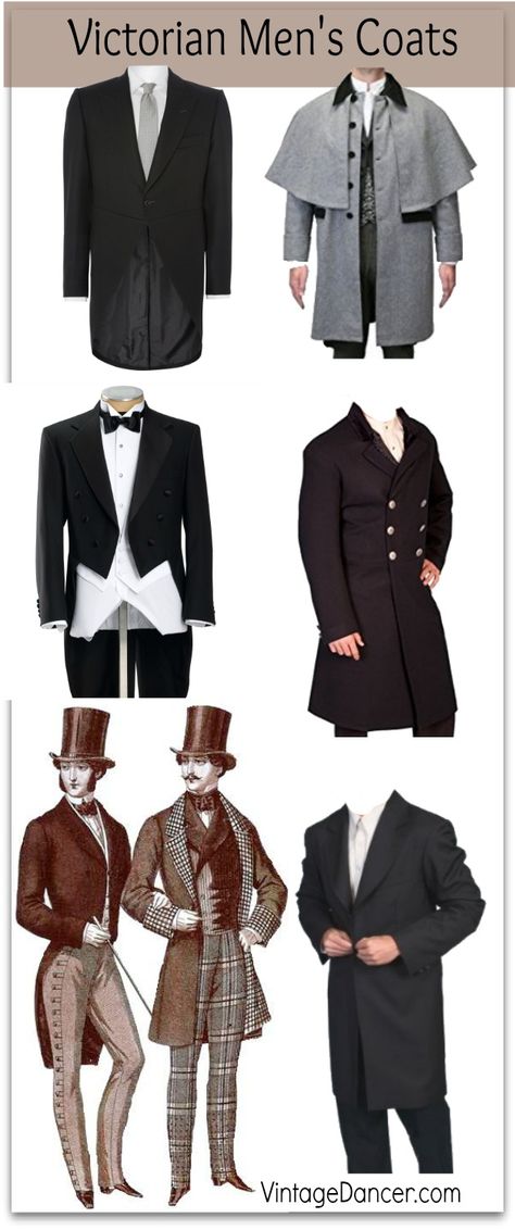 Victorian men's coats: Tailcoat, morning coat, great coat, frock coat, and sacks. At VintageDancer.com/Victorian Edwardian Man Fashion, Victorian Aristocrat Men, Morning Coat Men, A Christmas Carol Scrooge Costume, Late Victorian Fashion Men, Victorian Era Clothes Men, Victorian Men’s Fashion, Victorian Era Mens Fashion, Victorian Fashion Men