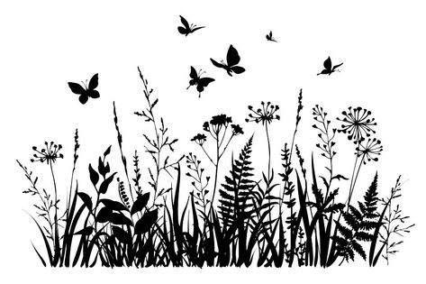 Fairy Scene, Grass Silhouette, Printable Backgrounds, Crafty Individuals, Garden Mural, Flower Silhouette, Nature Style, 1 Tattoo, Shadow Art