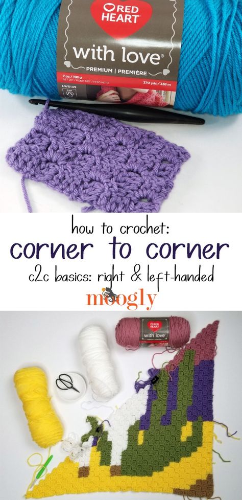 You can learn how to Corner to Corner Crochet - C2C - with Moogly! Learn the basics of this fun unique stitch, in both right and left-handed videos!  #c2c #cornertocorner #mooglyblog #diagonalboxstitch #graphgan #crochetutorials #yarnspirations #redheartyarn #lefthandedcrochet Diy Granny Square, Crochet Tutorial For Beginners, Left Handed Crochet, Modern Crochet Blanket, Corner Crochet, Corner To Corner Crochet, Half Double Crochet Stitch, Crochet Abbreviations, Corner To Corner