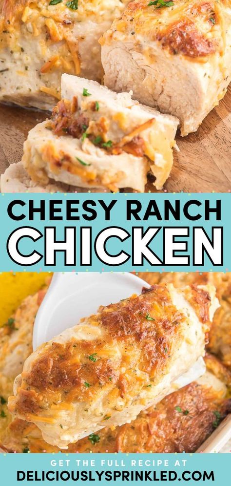 You'll love this ranch chicken recipe! It's an easy meal idea. Smothered in ranch seasoning, cheddar cheese, and mayo, this baked chicken is the BEST busy weeknight dinner! Pin this for later!