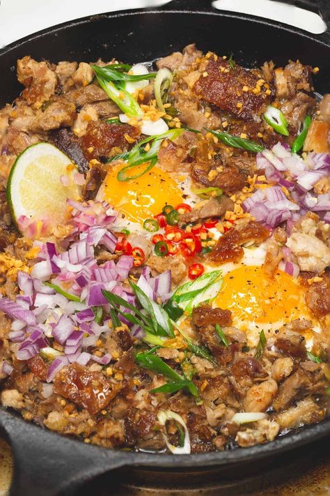 Pork Belly Sisig Recipe - Recipes by Nora Sisig Recipe Philippines, Pork Belly Sisig, Embutido Recipe, Sisig Recipe, Pork Sisig, Philippines Recipes, Pork Seasoning, Filipino Dish, Pork Belly Recipes