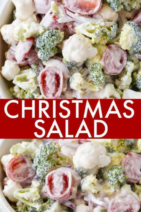 Christmas Salad - Contains all the colors of Christmas! This fresh, bright salad is made with broccoli, cauliflower, red onion and cherry tomatoes mixed with a creamy dressing. Christmas Salad Recipes, Salad Kale, Christmas Salad, Christmas Salads, Resep Salad, Creamy Dressing, Cold Salad, Broccoli Cauliflower, Veggie Salad