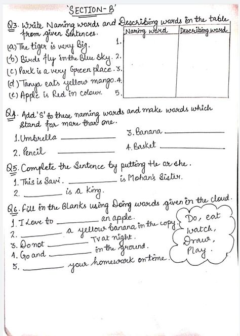 1st class 1st grade English grammar worksheet for practice Describing Words Grade 2, Naming Words Worksheet For Grade 1, Describing Words Worksheet For Grade 1, Class 1 English, Words Worksheet, Worksheets For Class 1, Describing Words, Grammar Practice, English Worksheets For Kids