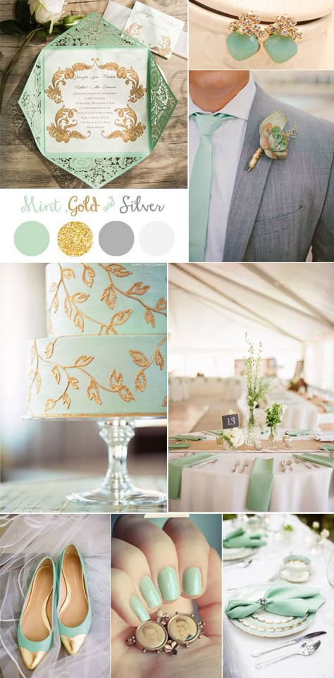 vintage mint, gold and silver wedding color ideas Mint Gold Weddings, Gold And Silver Wedding, Vintage Wedding Colors, Wedding Mint Green, Wedding Color Combos, Wedding Color Ideas, Wedding Color Inspiration, Mint Gold, Mint Wedding