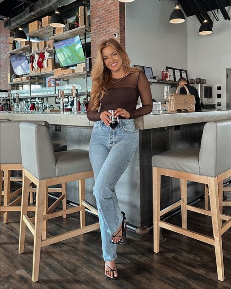 Arizona Dinner Outfit, Bar Going Out Night Out Outfit, Mesh Bodysuit Outfit Jeans, Long Sleeve Body Suit Outfits Jeans, Mesh Top And Jeans Outfit, Brown Sheer Top Outfit, Black Sheer Bodysuit Outfit, Semi Formal Evening Outfits For Women, Mesh Long Sleeve Outfit