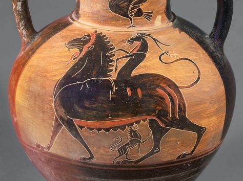 Amphora with chimera, 550-525 B.C. Roman Pottery, Ancient Greek Pottery, Istoria Artei, Playing Dice, Vase Painting, Ancient Greek Art, Greek Pottery, Greek Vases, Black Figure